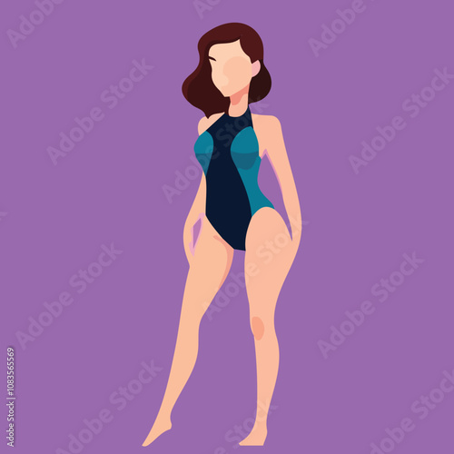 donna in costume da bagno estate mare piscina illustrazione stilizzata vettoriale EDITABILE