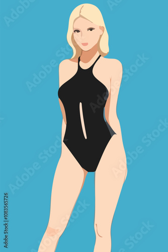 donna in costume da bagno estate mare piscina illustrazione stilizzata vettoriale EDITABILE