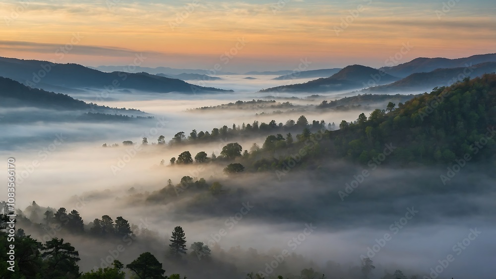 Obraz premium MistyValleyMorningBackgrounds, FoggyMountainLandscapes, SereneNatureScenes, MorningMistValleyDesigns 