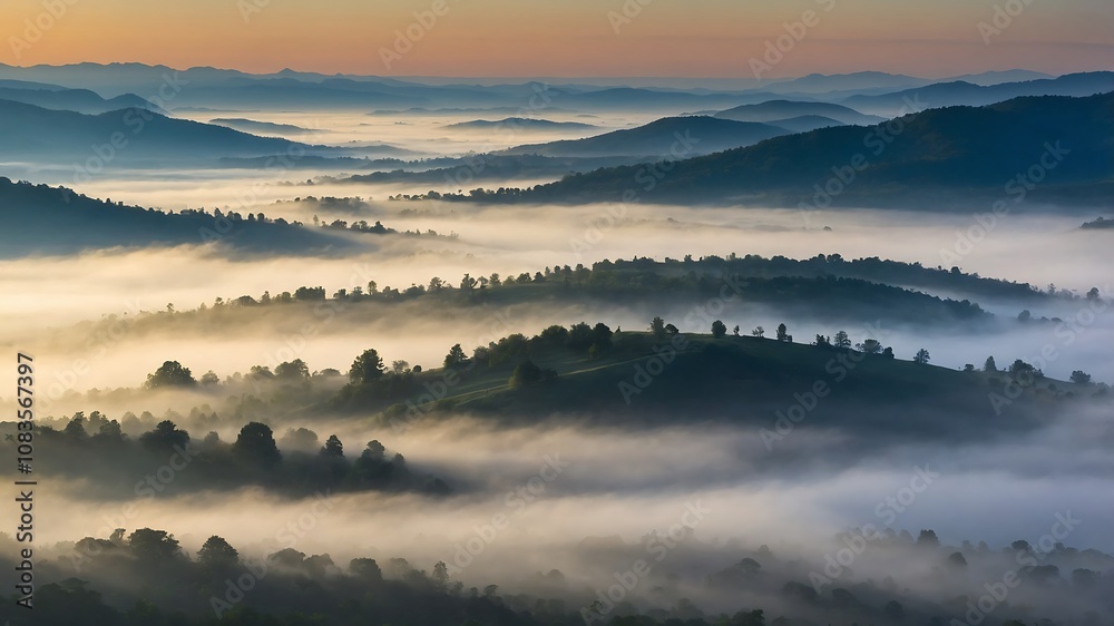 Obraz premium MistyValleyMorningBackgrounds, FoggyMountainLandscapes, SereneNatureScenes, MorningMistValleyDesigns 