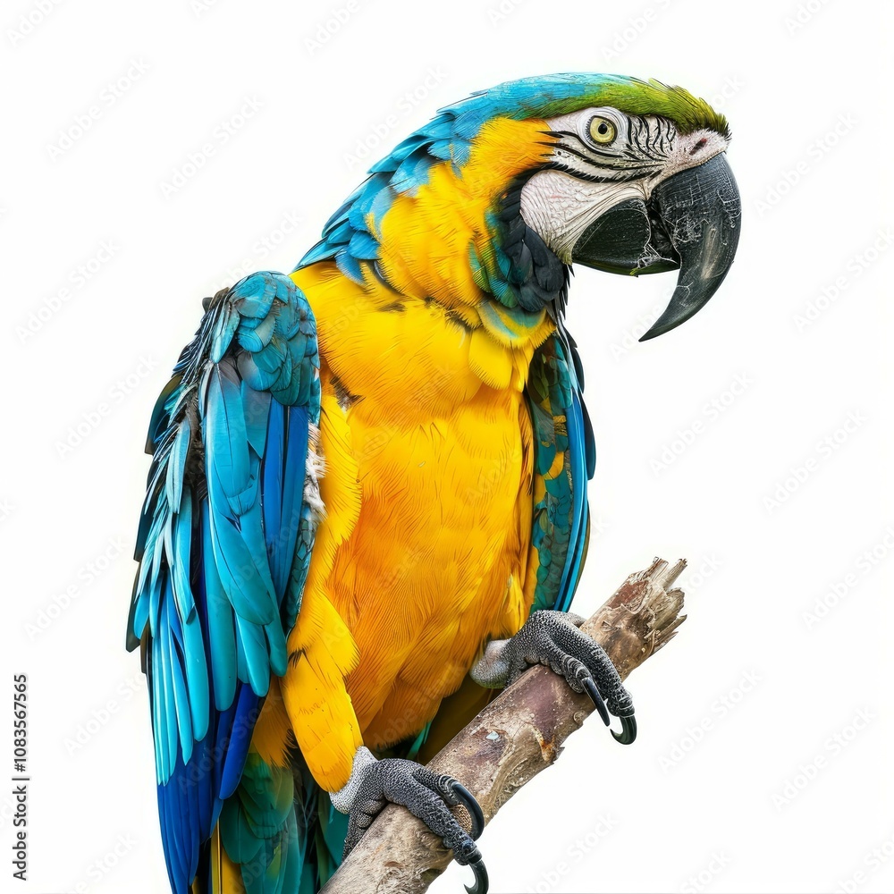 Fototapeta premium Colorful macaw perched on a branch, showcasing its bright blue and yellow feathers against a clean white backdrop