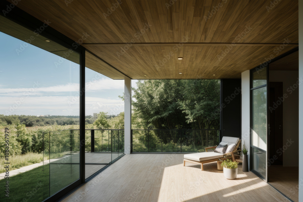 Fototapeta premium A modern and minimalist balcony with a wooden ceiling and floor