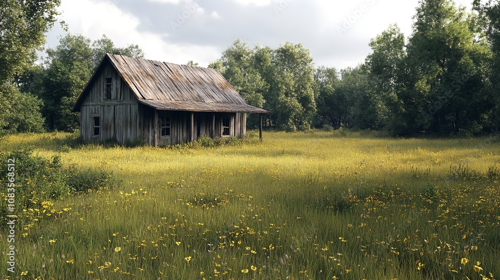 Fototapeta premium Abandoned farmhouse in a field, with overgrown grass and a cloudy sky.
