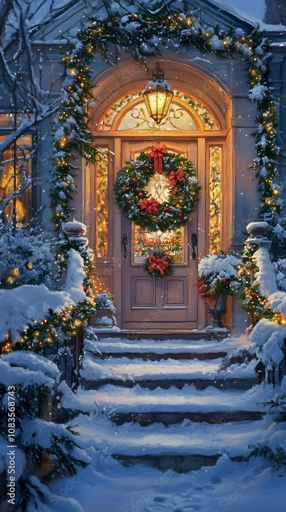 Fototapeta premium Elegant holiday doorway with a tall wreath AI generated illustration