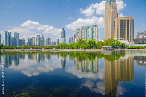 Skyline of the city landmark Central Business District in Wuhan, China