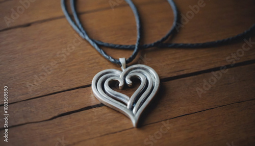 Stylish heart-shaped silver pendant on a black cord, elegantly displayed on a wooden surface photo