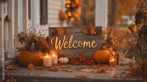 Thanksgiving welcome sign on rustic wood, with elegant 