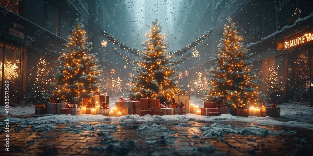 Fototapeta premium Festive Christmas Trees and Presents in a Snowy City Alleyway