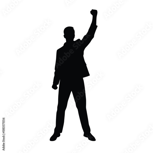 A man in a suit holding his arms up in the air. He is wearing a tie and has a briefcase