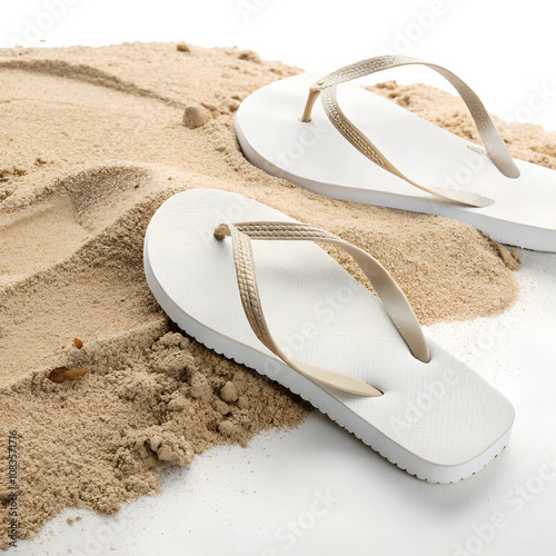 Stylish flip-flops on sandy beach-like surface, isolated on a white background photo