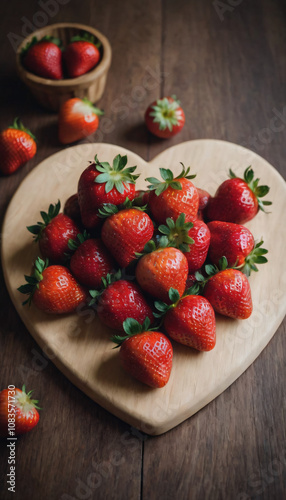 Heart-shaped arrangement of fresh strawberries with vibrant mood, on a wooden cutting board background
