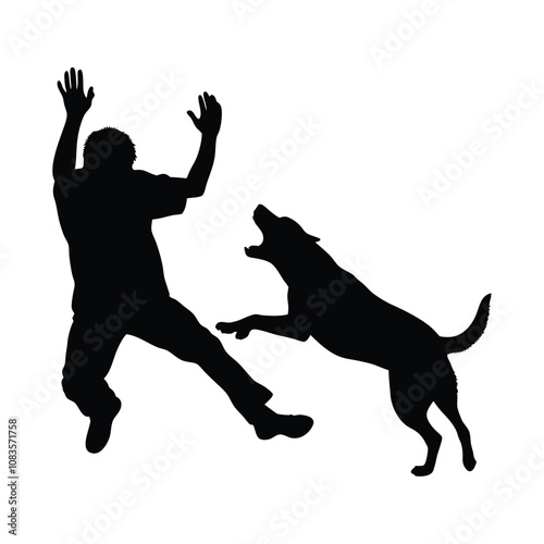A man is being attacked by a dog. The dog is biting the man's arm. The man is trying to get away from the dog