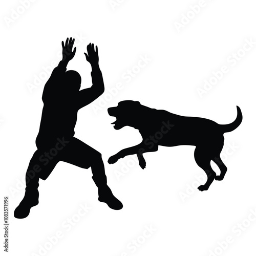 A man is being attacked by a dog. The dog is biting the man's arm. The man is trying to get away from the dog
