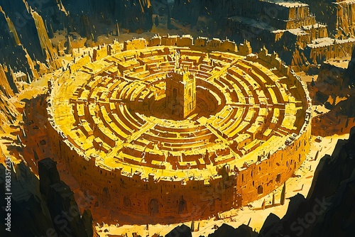 Aerial View of a Circular Labyrinthine City A Digital Painting of an Imaginary Ancient City. photo