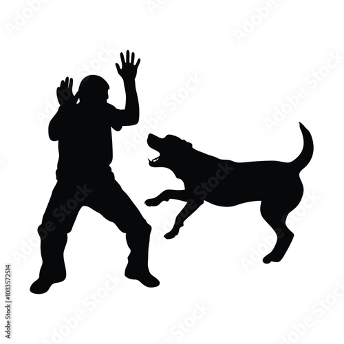 A man is being attacked by a dog. The dog is biting the man's arm. The man is trying to get away from the dog