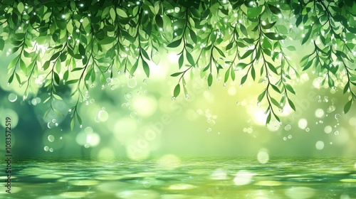 willow leaves hanging down by the water in green