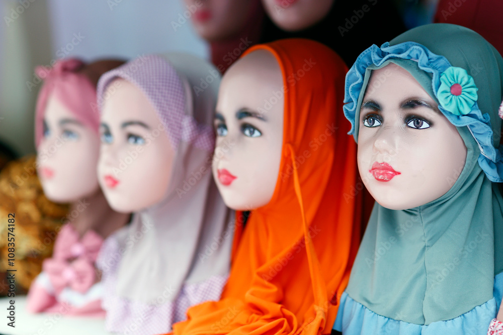 Obraz premium Hijab muslim headwear for ladies in a market. Ampel Arab Quarter. Surabaya. Indonesia.