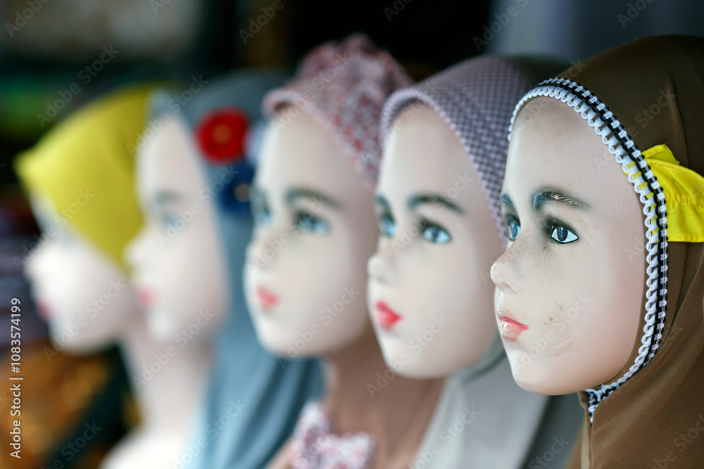 Obraz premium Hijab muslim headwear for ladies in a market. Ampel Arab Quarter. Surabaya. Indonesia.