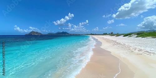 Tranquil Beach Scene with Azure Water and White Sand photo