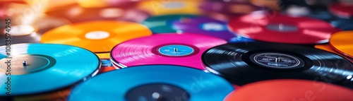 Colorful vinyl records stacked together on a reflective surface. photo