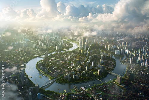 Aerial View of Modern Cityscape with Skyscrapers and Roads photo