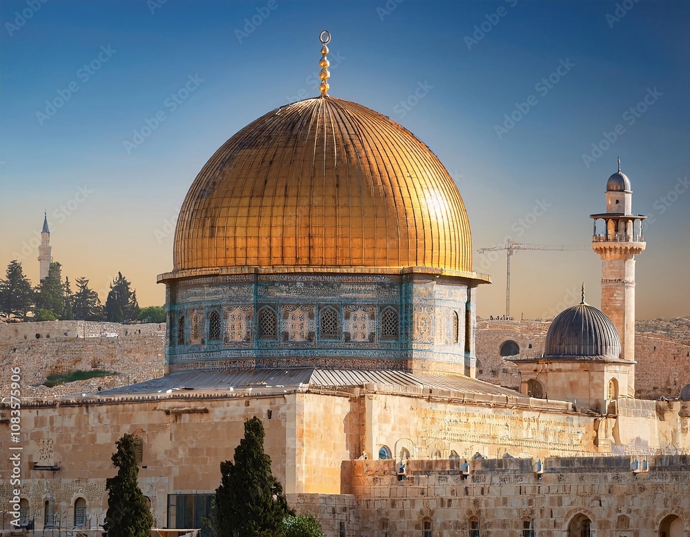Fototapeta premium close-up of the Al Aqsa Mosque with a clear sky, showing the beauty of the mosque's architecture