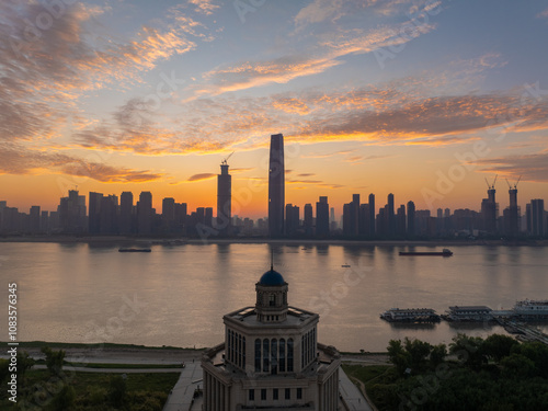 Landmark view of two rivers and four banks city in Wuhan, China photo