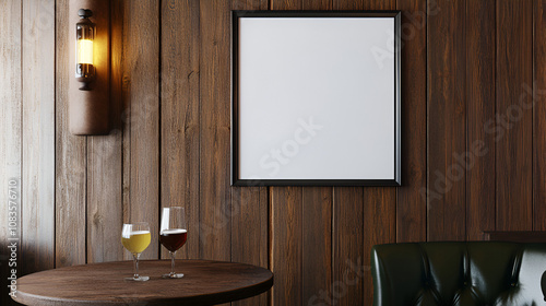 A blank picture frame hanging on the old textured wooden wall in a cosy old english or irish pub photo