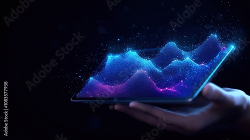 Futuristic tablet with holographic data graph in dark background, showcasing digital innovation.
