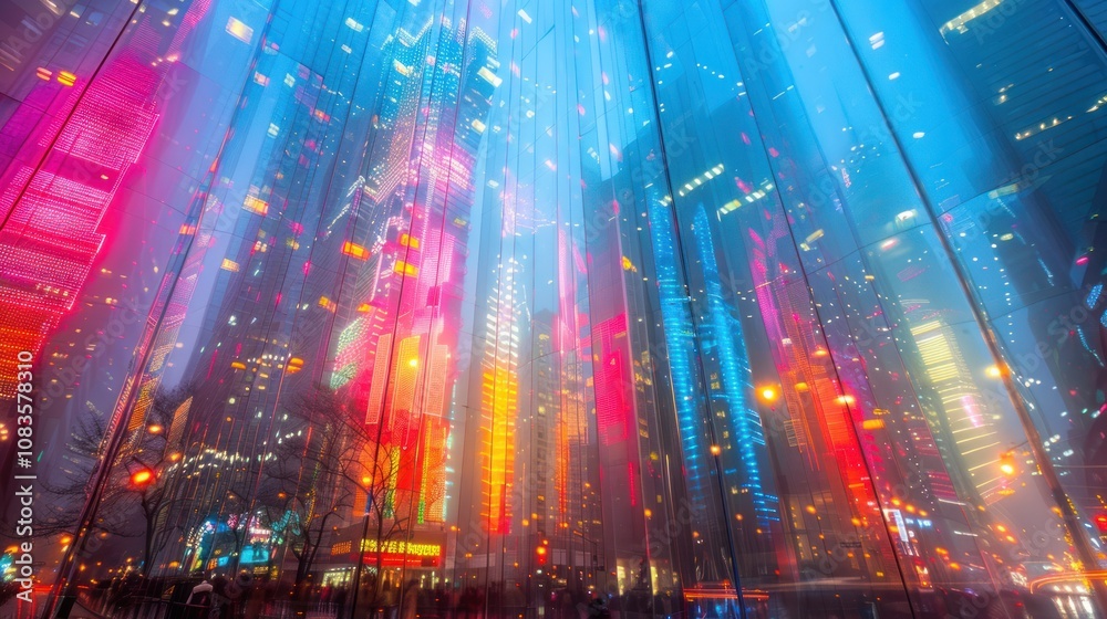 Fototapeta premium Cityscape reflection, vibrant night lights.