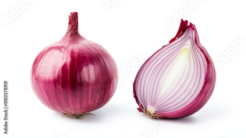 A whole onion and a slice of onion are shown against a white backdrop. You can easily cut out the images from the background.