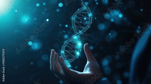 Hand holding glowing DNA strand, symbolizing genetic research and innovation.