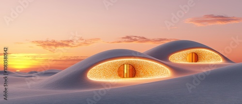 Futuristic architectural design with glowing elements against a serene sunset backdrop. photo