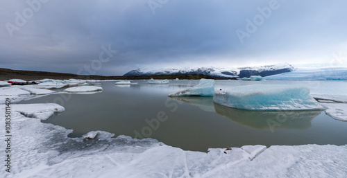 Beautiful Iceland winter season natural landscape over Vatnajokull  glacier  Fjallsarlon iceberg lagoon South of Iceland photo