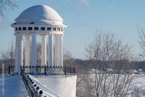 Gazebo on the Volga embankment on a frosty January day. Strelka Park. Yaroslavl, Golden Ring of Russia photo