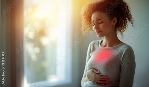 Young woman putting her hand on her chest. Having a pain in chest, Gastroesophageal Reflux Disease have frequent belching photo