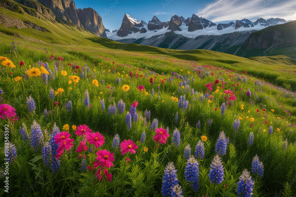 Fototapeta premium Vibrant wildflowers bloom in a sunlit alpine meadow, majestic mountains in the background.