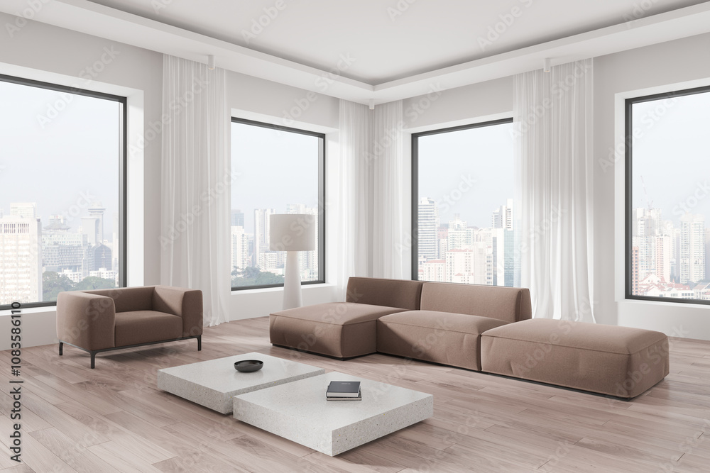 Fototapeta premium Modern living room with brown furniture, large windows, and a minimalist coffee table in a city apartment. 3D Rendering