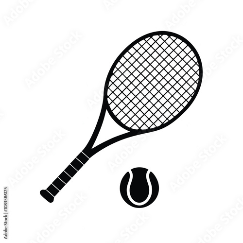 Two tennis rackets with a tennis ball in the middle. The rackets are crossed over each other
