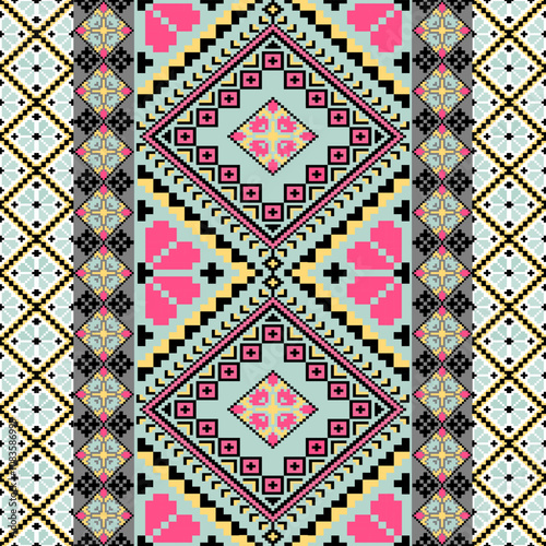 Art Abstract with Pixel Art Designs. Traditional Cross Stitch needlework. Geometric Ethnic Pattern, Embroidery, Textile Ornamental, Fabric, Hand Stitch Pattern, Cultural Stitching Pixel Art
