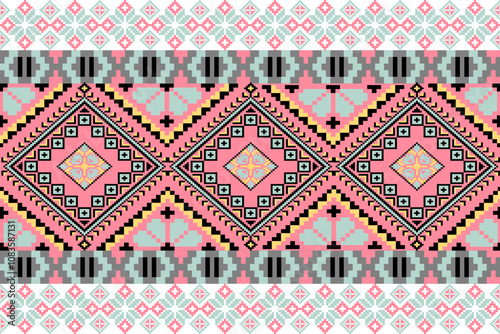 Art Abstract with Pixel Art Designs. Traditional Cross Stitch needlework. Geometric Ethnic Pattern, Embroidery, Textile Ornamental, Fabric, Hand Stitch Pattern, Cultural Stitching Pixel Art