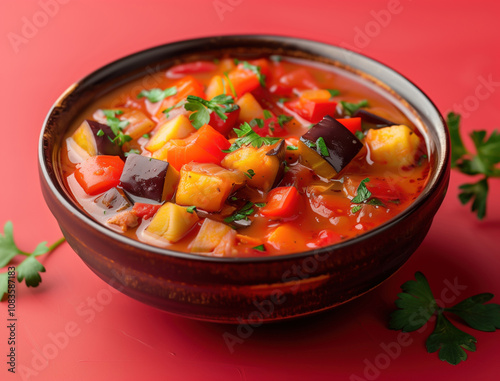 Bright and rustic Spanish pisto vegetable stew with eggplant and zucchini close up photo