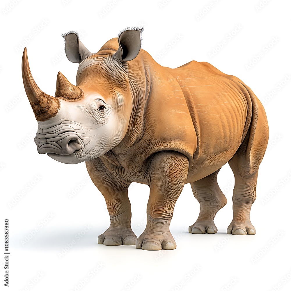 Obraz premium A realistic rendering of a majestic rhinoceros standing on a plain white background, showcasing its muscular build and unique horn structure with lifelike detail and precision.