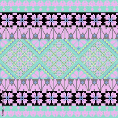 Art Abstract with Pixel Art Designs. Traditional Cross Stitch needlework. Geometric Ethnic Pattern, Embroidery, Textile Ornamental, Fabric, Hand Stitch Pattern, Cultural Stitching Pixel Art