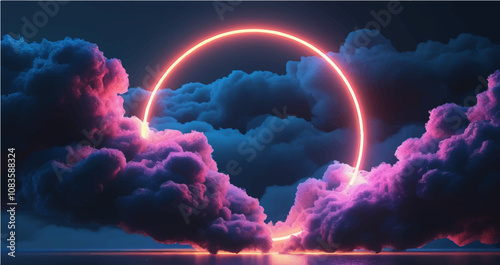 3d render, abstract cloud illuminated with neon light ring on dark night sky. Glowing geometric shape, round frame photo