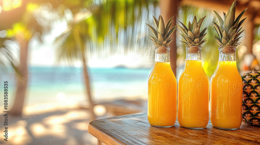 Obraz premium Tropical Beach Picnic with Yellow Juice Bottle, Pineapple, and Fruit.