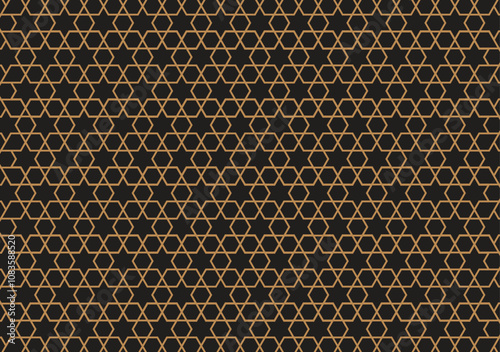 Abstract background with a geometric Islamic pattern of intricate gold lines on a sleek black color.