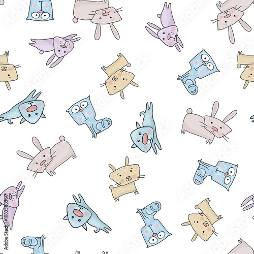 print seamless pattern with cute pets rabbit, cat, on white background