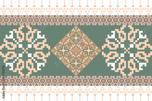Art Abstract with Pixel Art Designs. Traditional Cross Stitch needlework. Geometric Ethnic Pattern, Embroidery, Textile Ornamental, Fabric, Hand Stitch Pattern, Cultural Stitching Pixel Art