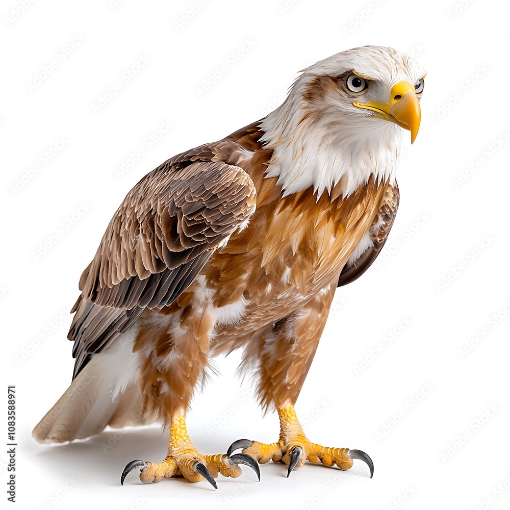 Obraz premium The realistic eagle is depicted in full height on a white background, showcasing its majestic wingspan and sharp talons